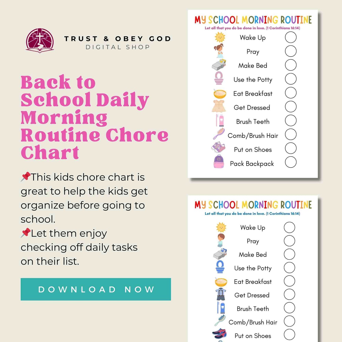 Printable Back to School Daily Morning Routine Chore Chart for Kids