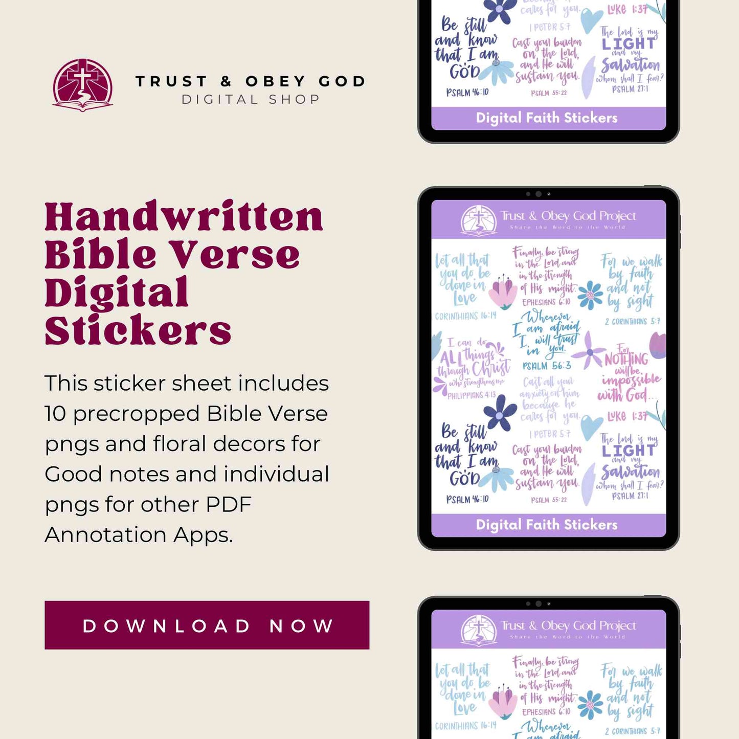 Handwritten Bible Verse Digital Stickers for Goodnotes Planner