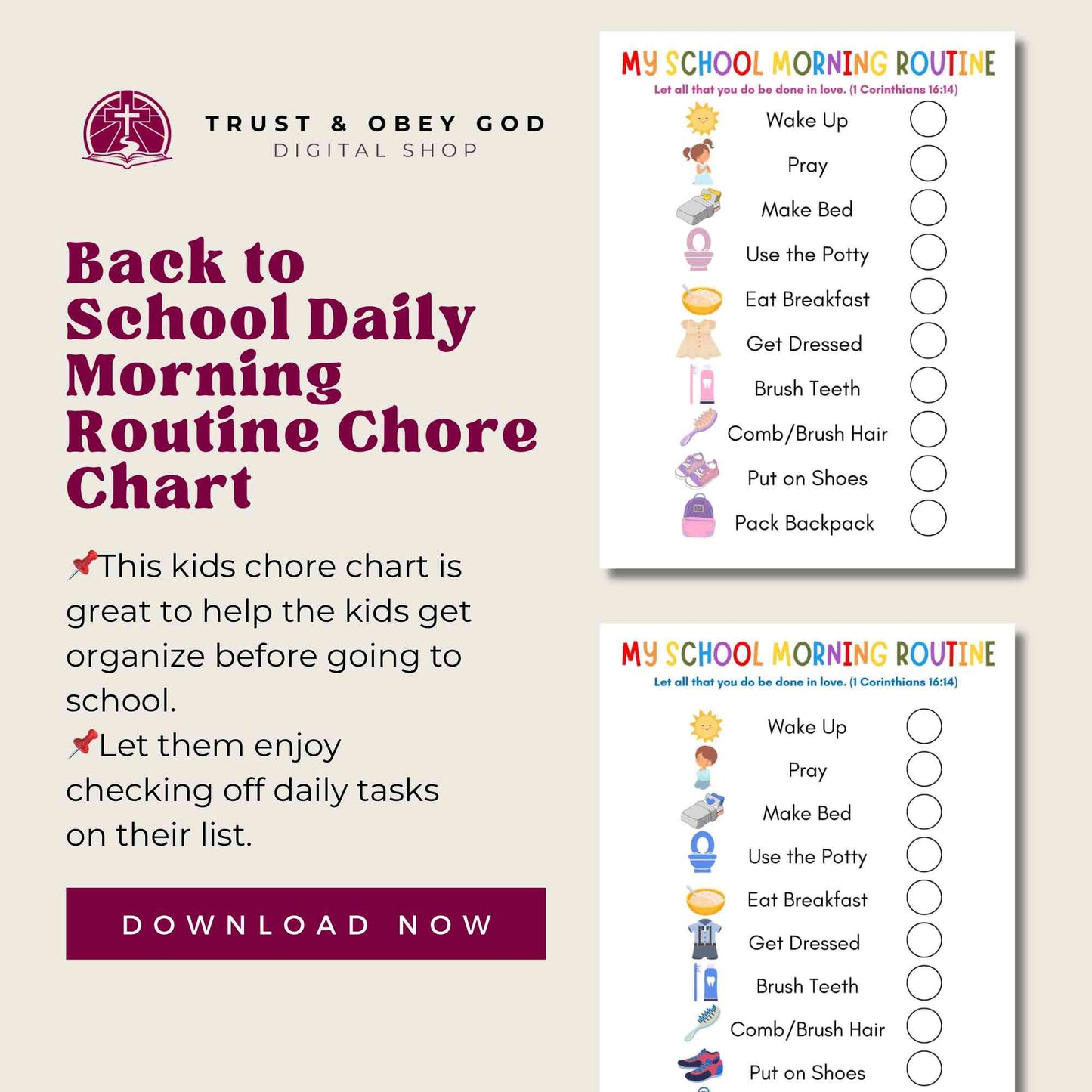 Printable Back to School Daily Morning Routine Chore Chart for Kids