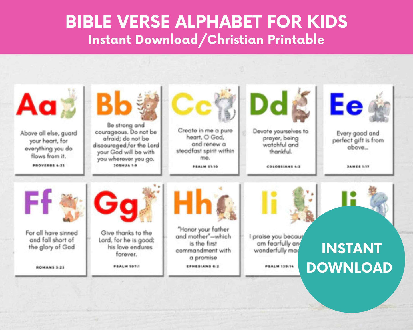 Kids Printable Alphabet Bible Verse Cards from A to Z