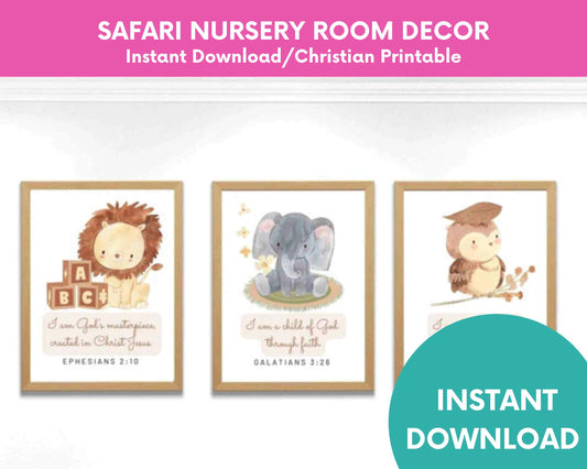 Set of 3 Printable Bible Verse Safari Nursery Room Decor