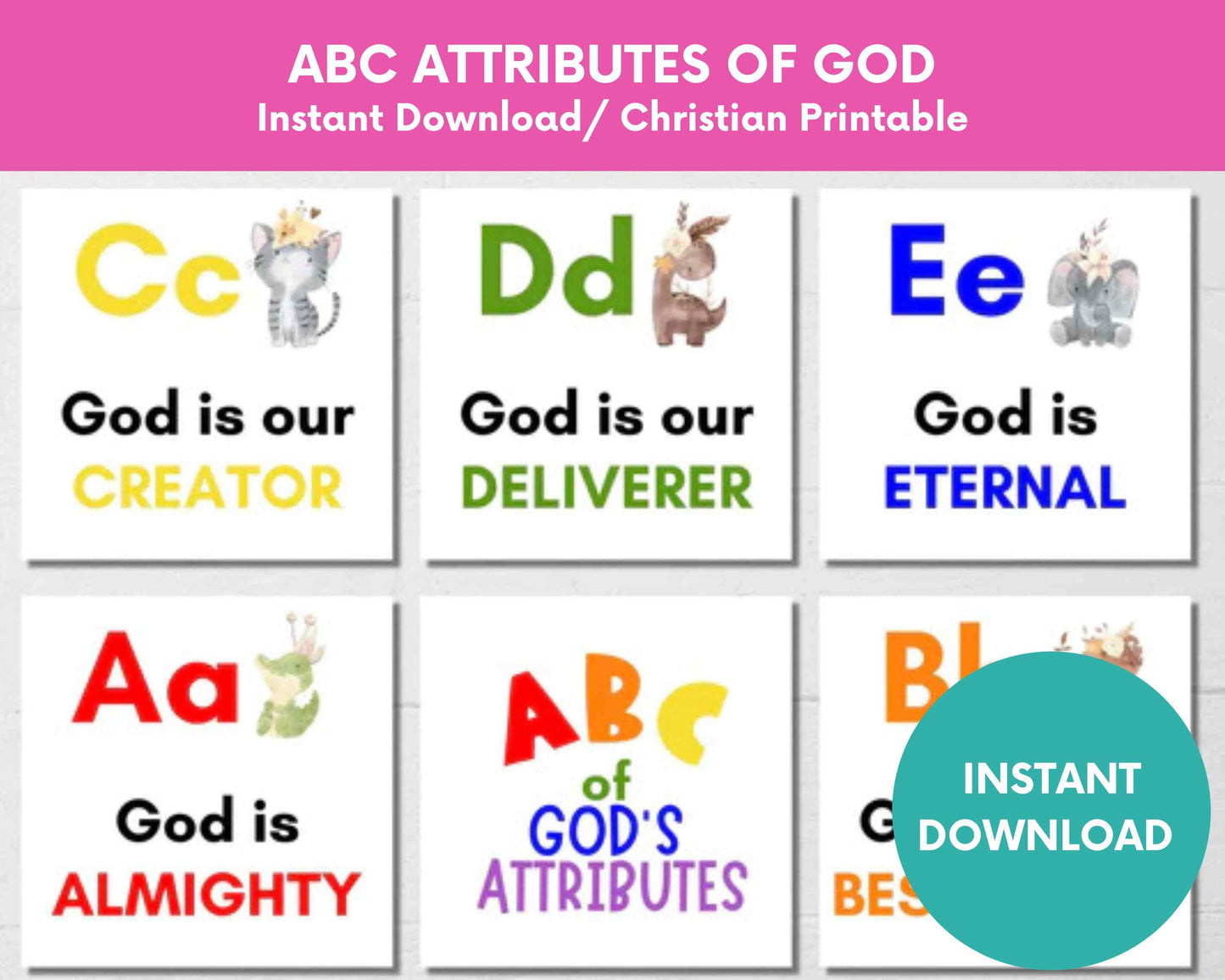 Kids Alphabet Attributes of God Printable Animal Scripture Card