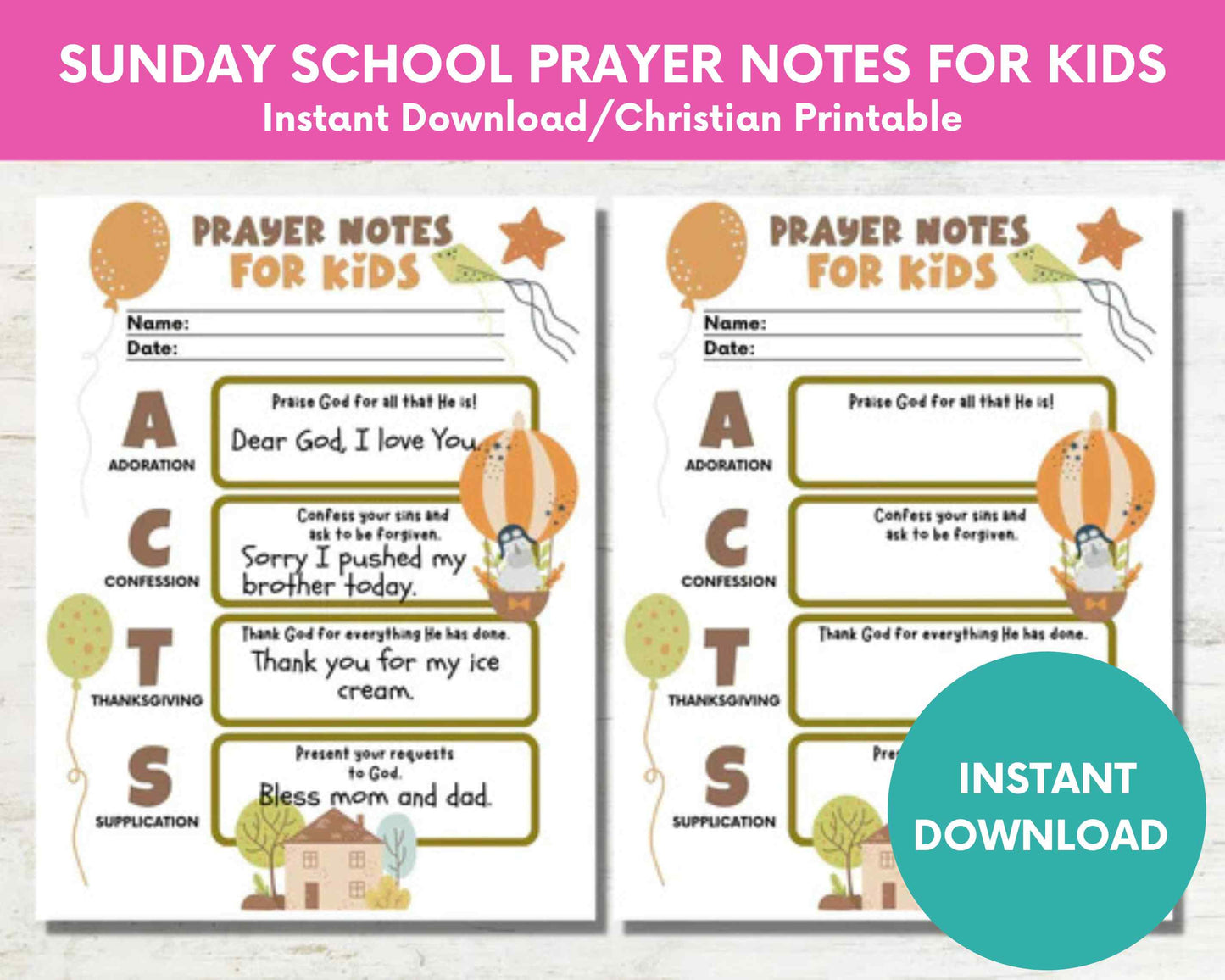 Sunday School Prayer Notes for Kids Instant Download