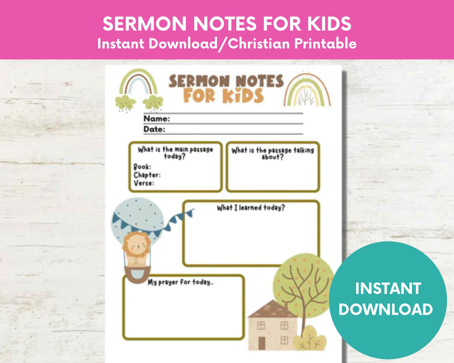 Sunday School Sermon Notes for Kids Instant Download