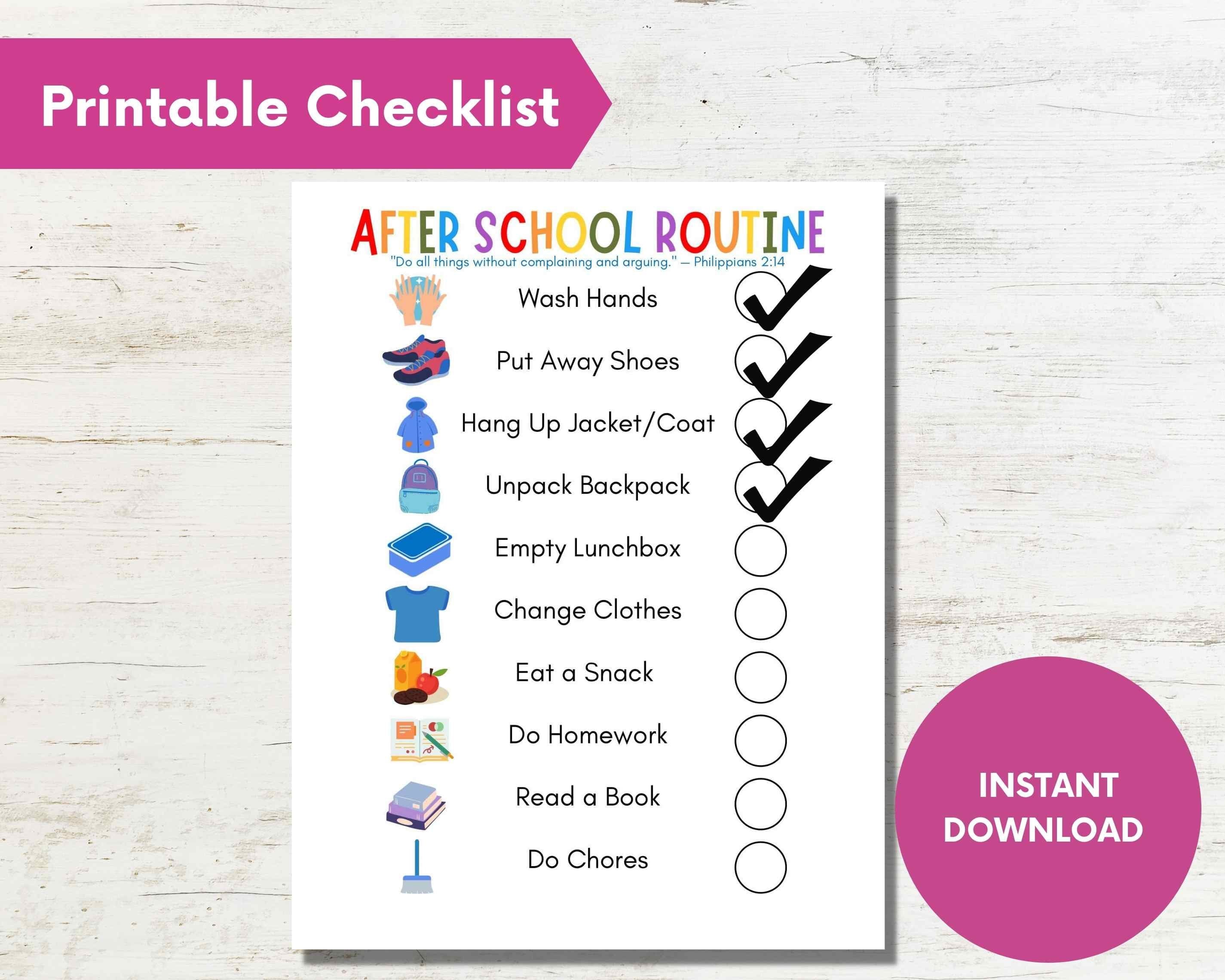 Printable After School Routine Checklist for Kids Back to School – TOG ...