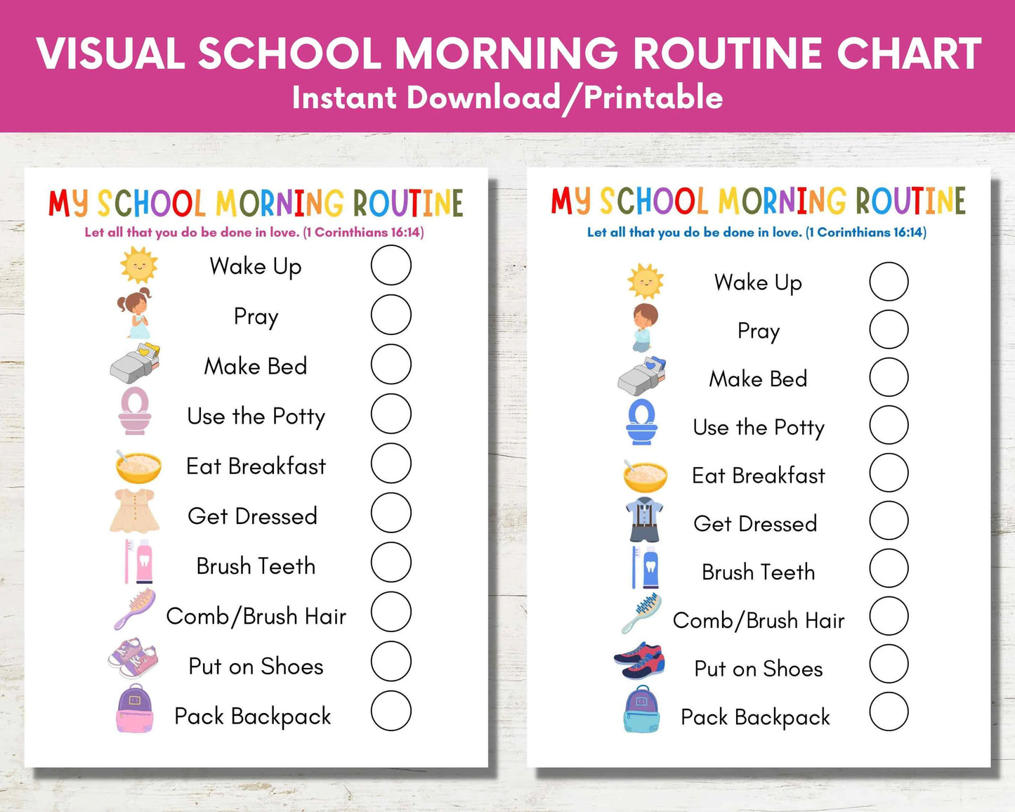 Printable Back to School Daily Morning Routine Chore Chart for Kids