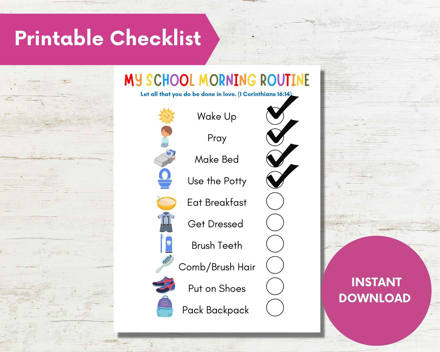 Printable Back to School Daily Morning Routine Chore Chart for Kids