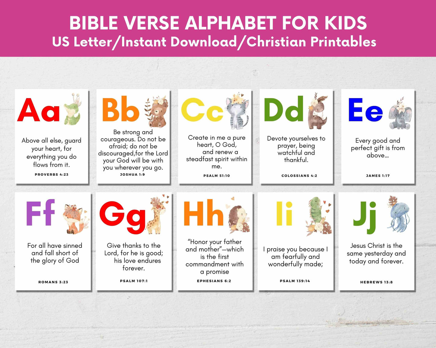 Kids Printable Alphabet Bible Verse Cards from A to Z