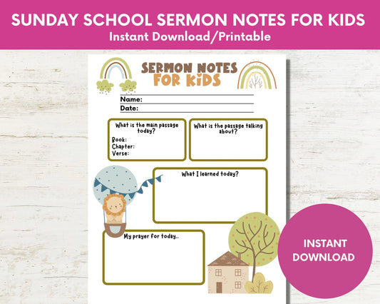 Sunday School Sermon Notes for Kids Instant Download