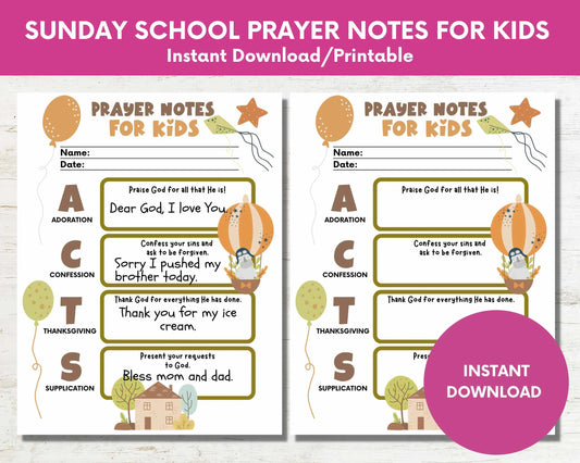 Sunday School Prayer Notes for Kids Instant Download