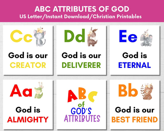 Kids Alphabet Attributes of God Printable Animal Scripture Card