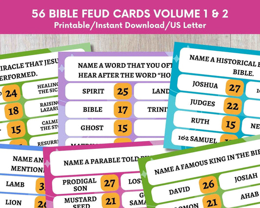 56 Printable Bible Feud Game Cards for Family|Christian Church Games