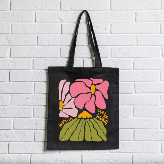 Floral 'Hope In Every Breath' Cotton Canvas Tote Bag